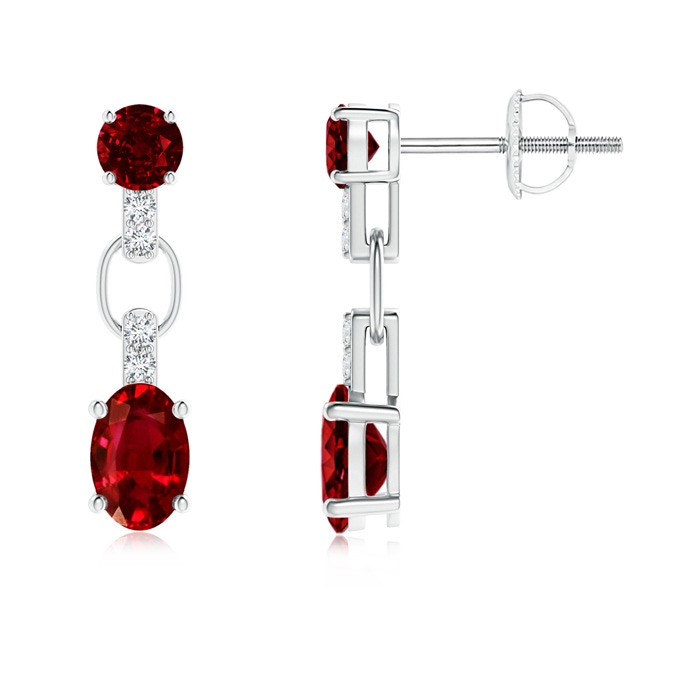 6x4mm AAAA Round and Oval Ruby Dangle Earrings with Diamond Accents in P950 Platinum