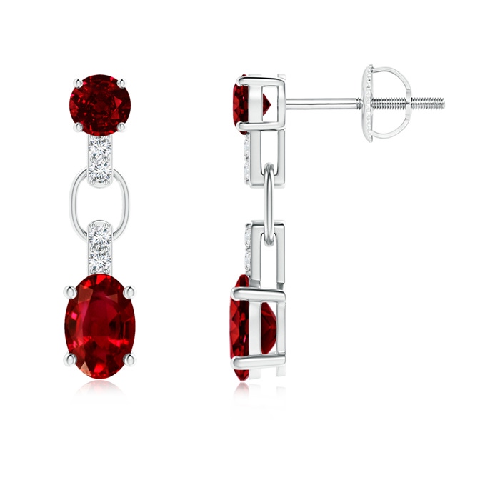 6x4mm AAAA Round and Oval Ruby Dangle Earrings with Diamond Accents in P950 Platinum 