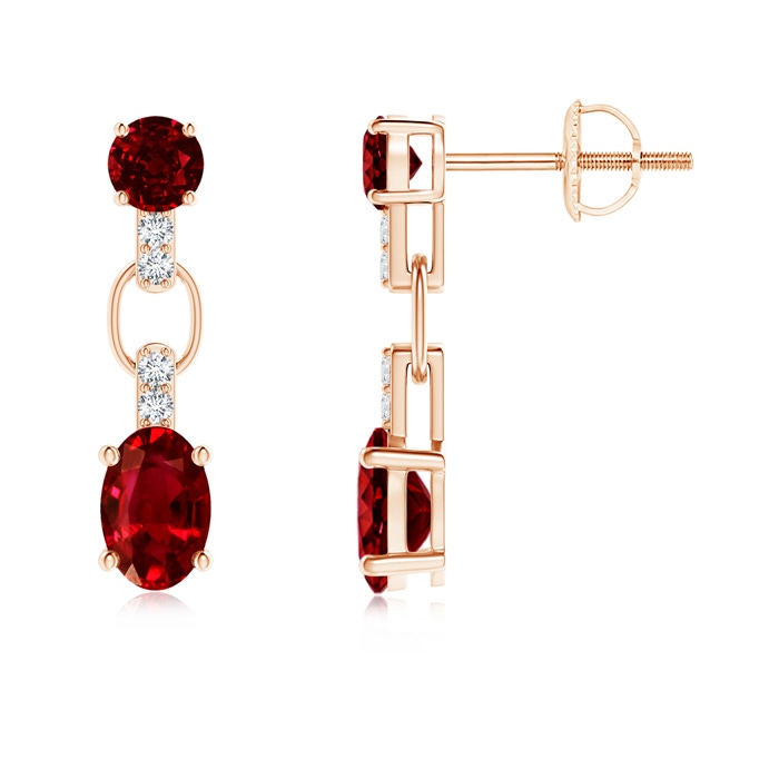 6x4mm AAAA Round and Oval Ruby Dangle Earrings with Diamond Accents in Rose Gold