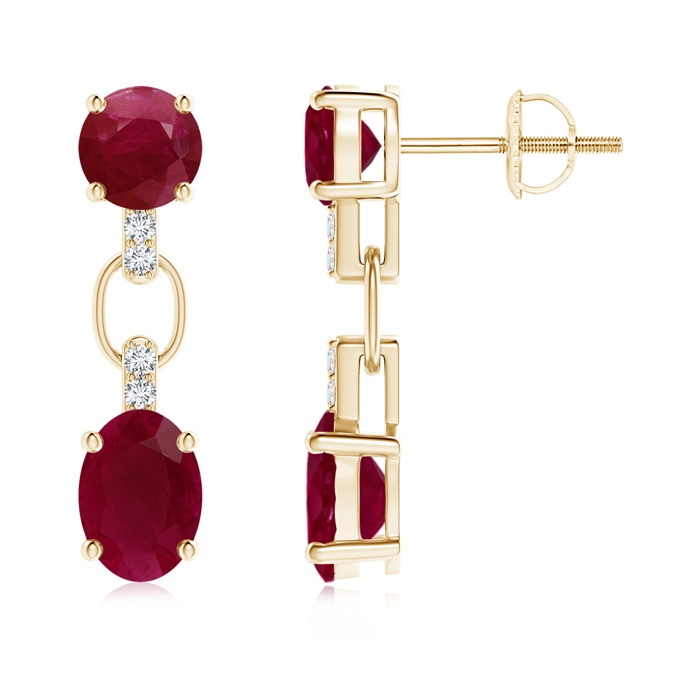 7x5mm A Round and Oval Ruby Dangle Earrings with Diamond Accents in Yellow Gold 