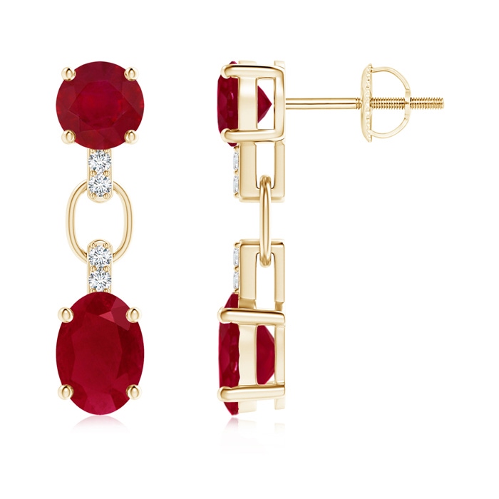 7x5mm AA Round and Oval Ruby Dangle Earrings with Diamond Accents in Yellow Gold 