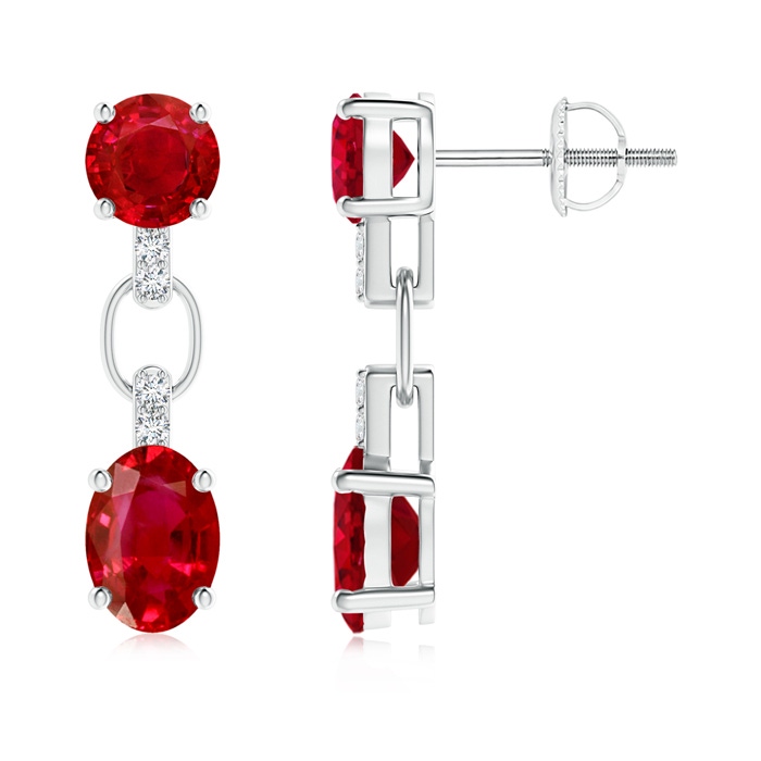 7x5mm AAA Round and Oval Ruby Dangle Earrings with Diamond Accents in P950 Platinum 