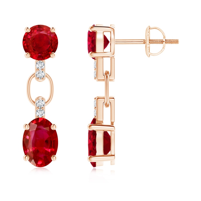 7x5mm AAA Round and Oval Ruby Dangle Earrings with Diamond Accents in Rose Gold 