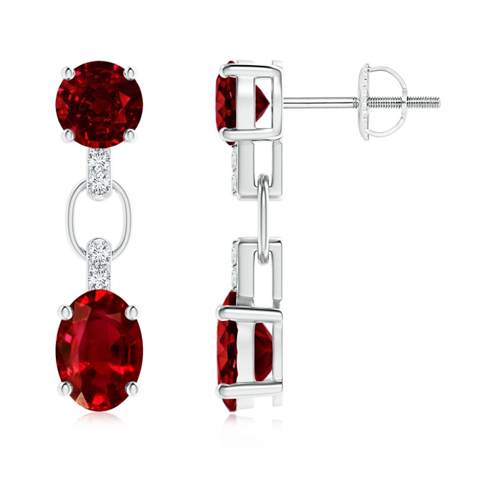 7x5mm AAAA Round and Oval Ruby Dangle Earrings with Diamond Accents in P950 Platinum 