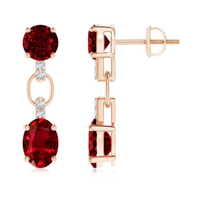 7x5mm AAAA Round and Oval Ruby Dangle Earrings with Diamond Accents in Rose Gold 