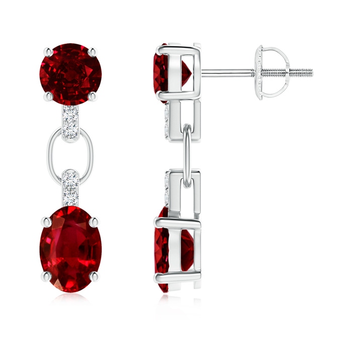 7x5mm AAAA Round and Oval Ruby Dangle Earrings with Diamond Accents in White Gold