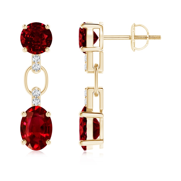 7x5mm AAAA Round and Oval Ruby Dangle Earrings with Diamond Accents in Yellow Gold 