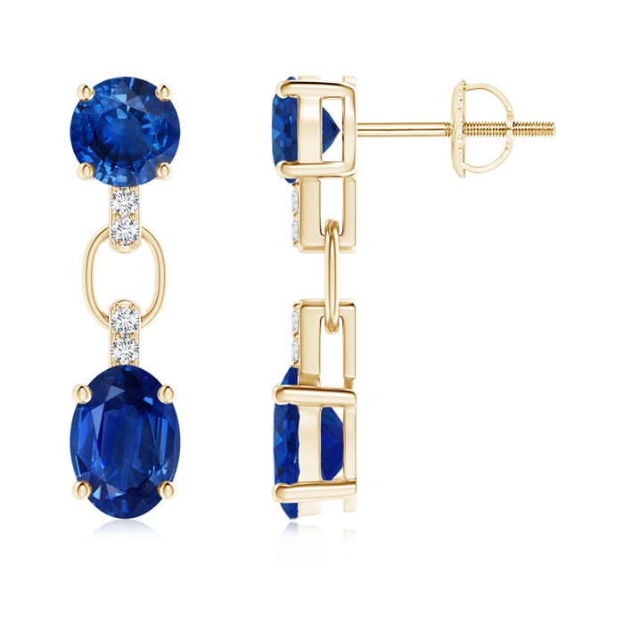 7x5mm AAA Round and Oval Blue Sapphire Dangle Earrings with Diamonds in Yellow Gold