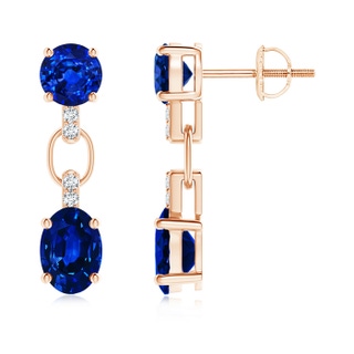 7x5mm AAAA Round and Oval Blue Sapphire Dangle Earrings with Diamonds in 9K Rose Gold