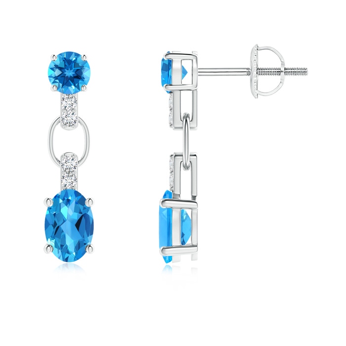 6x4mm AAAA Round and Oval Swiss Blue Topaz Dangle Earrings in P950 Platinum
