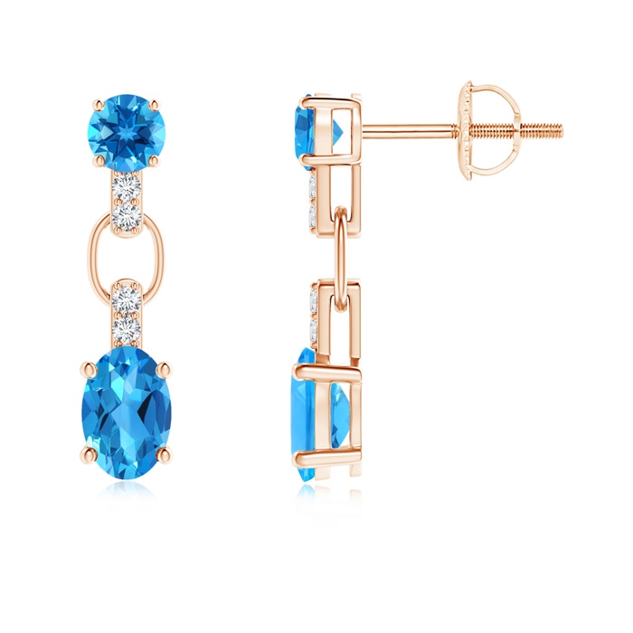 6x4mm AAAA Round and Oval Swiss Blue Topaz Dangle Earrings in Rose Gold