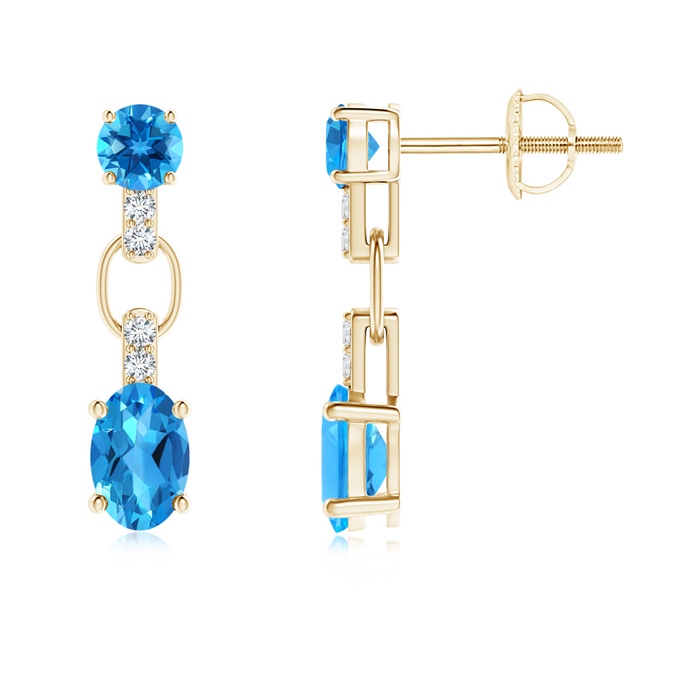 6x4mm AAAA Round and Oval Swiss Blue Topaz Dangle Earrings in Yellow Gold