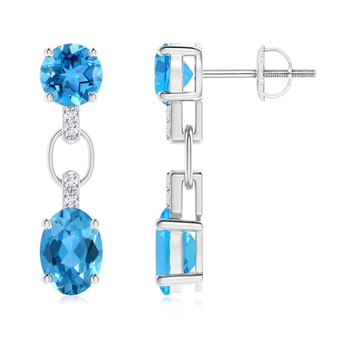 7x5mm AAA Round and Oval Swiss Blue Topaz Dangle Earrings in White Gold