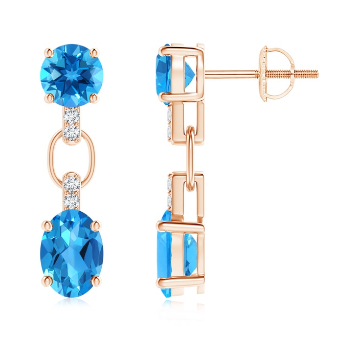 7x5mm AAAA Round and Oval Swiss Blue Topaz Dangle Earrings in Rose Gold