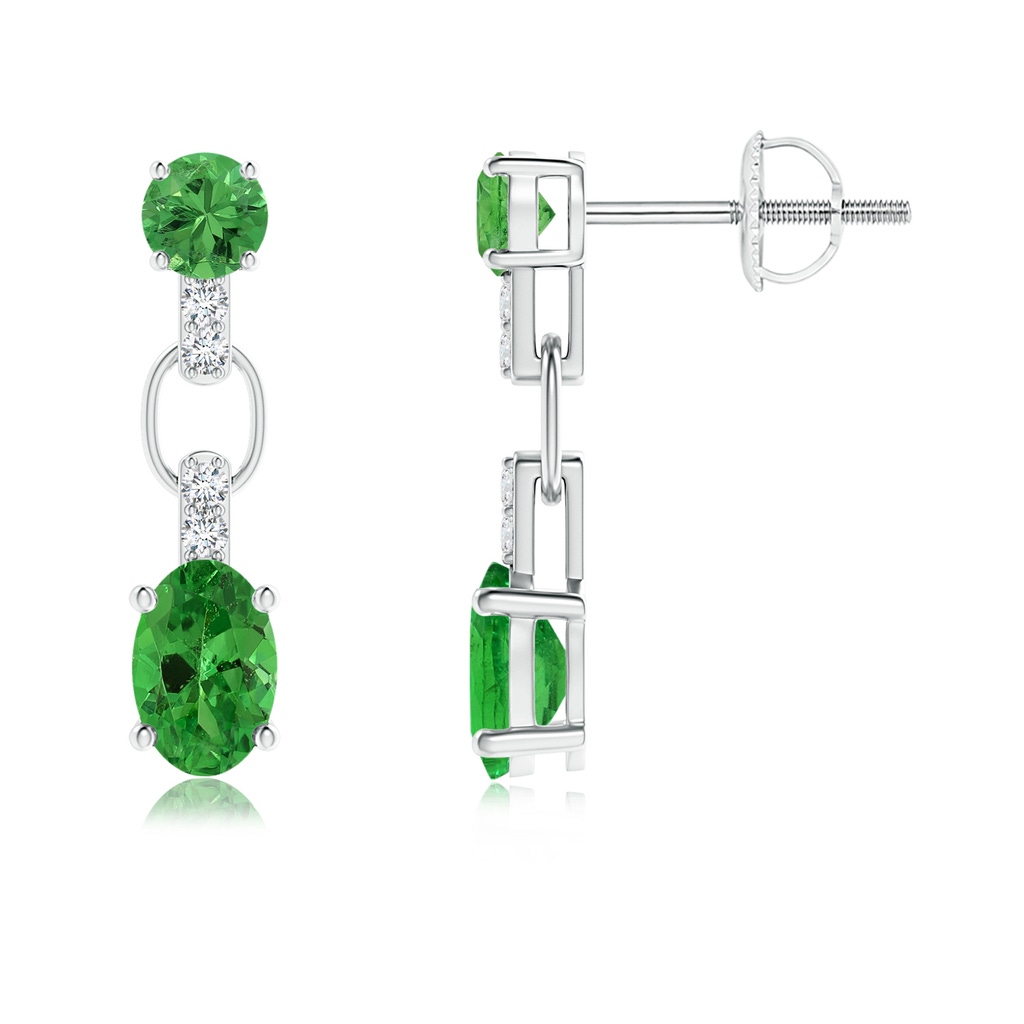 6x4mm AAA Round and Oval Tsavorite Dangle Earrings with Diamond Accents in White Gold