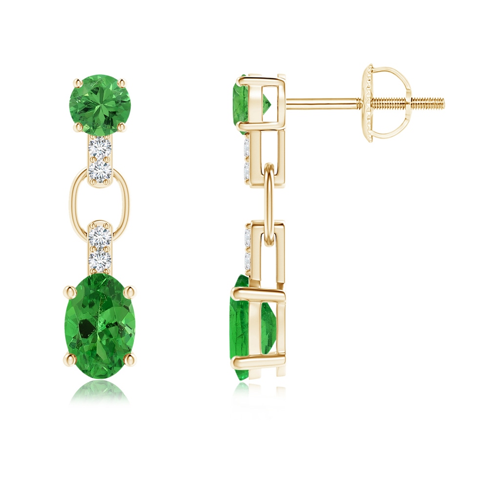 6x4mm AAA Round and Oval Tsavorite Dangle Earrings with Diamond Accents in Yellow Gold