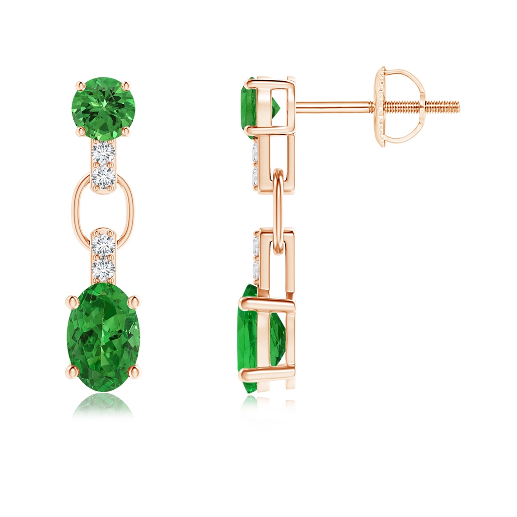 6x4mm AAAA Round and Oval Tsavorite Dangle Earrings with Diamond Accents in Rose Gold