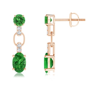 6x4mm AAAA Round and Oval Tsavorite Dangle Earrings with Diamond Accents in Rose Gold