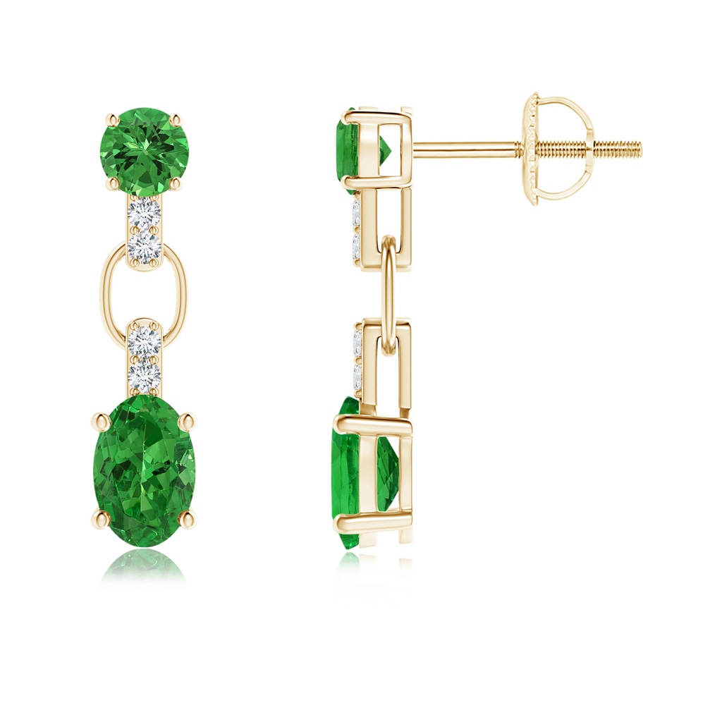 6x4mm AAAA Round and Oval Tsavorite Dangle Earrings with Diamond Accents in Yellow Gold