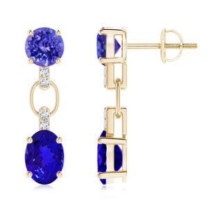 7x5mm AAAA Round and Oval Tanzanite Dangle Earrings with Diamonds in Yellow Gold