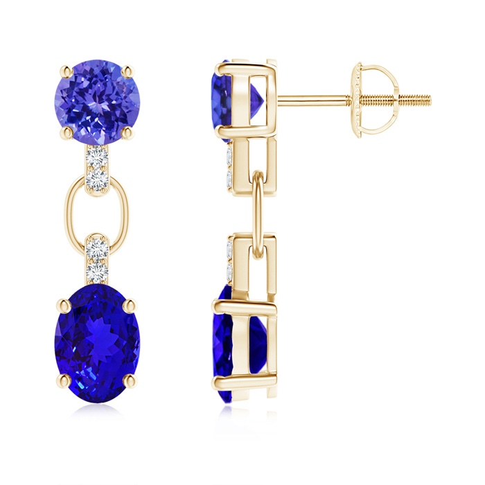 7x5mm AAAA Round and Oval Tanzanite Dangle Earrings with Diamonds in Yellow Gold 