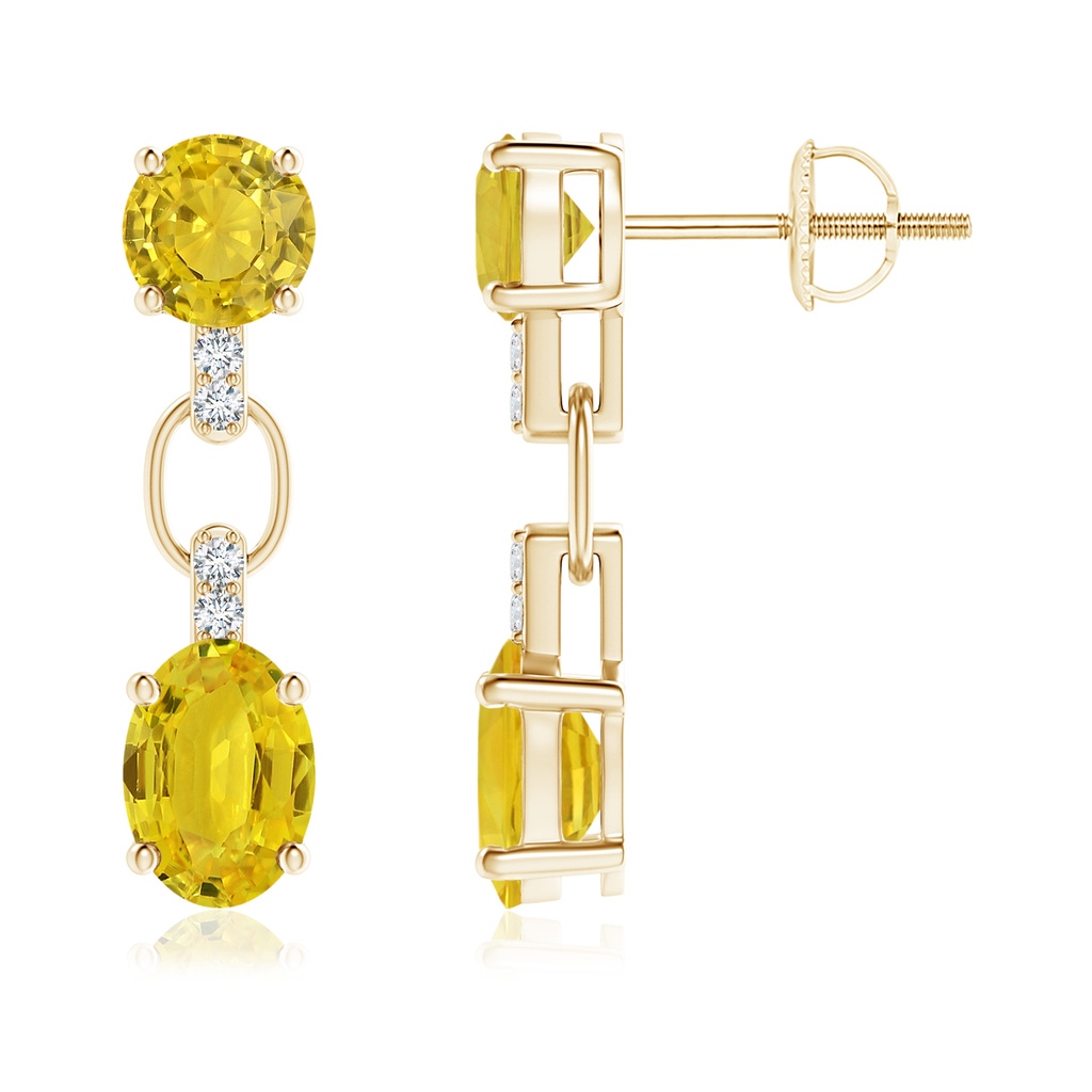 7x5mm AAA Round & Oval Yellow Sapphire Dangle Earrings with Diamonds in Yellow Gold