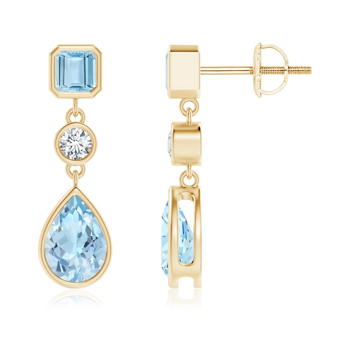 7x5mm AAA Emerald-Cut and Pear-Shaped Aquamarine Drop Earrings in Yellow Gold