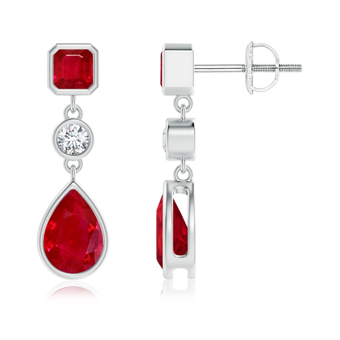 7x5mm AAA Emerald-Cut and Pear-Shaped Ruby Drop Earrings in White Gold