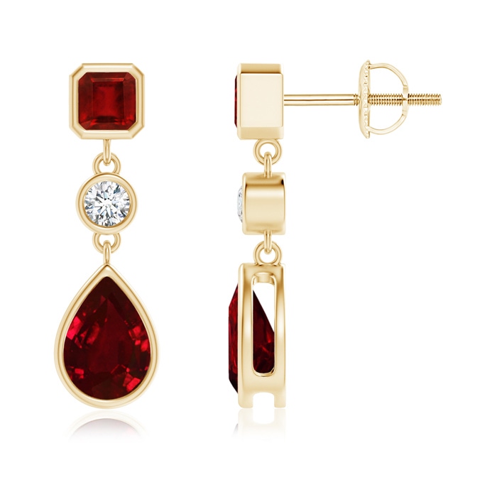 7x5mm AAAA Emerald-Cut and Pear-Shaped Ruby Drop Earrings in Yellow Gold