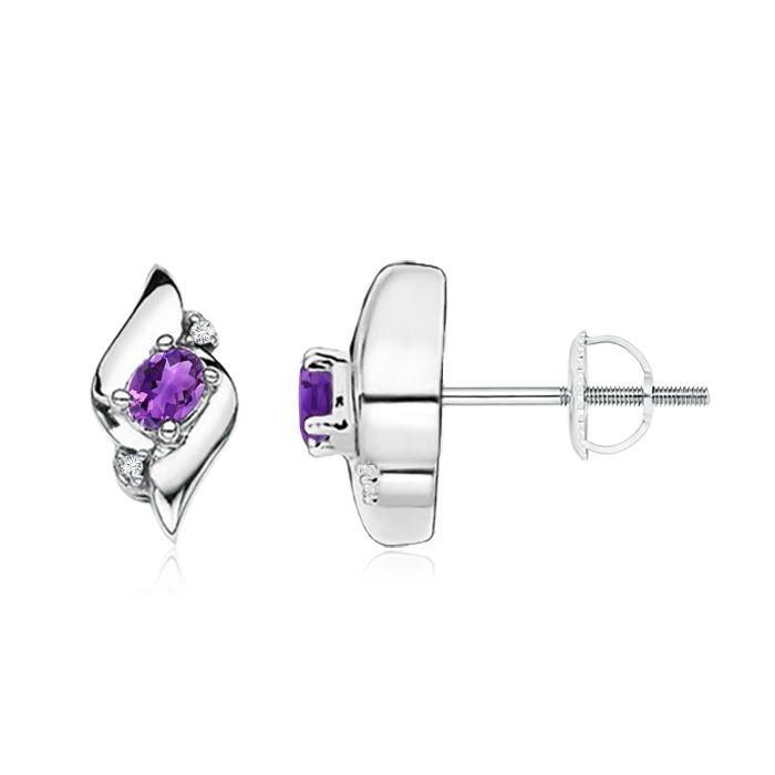 4x3mm AAA Oval Amethyst and Diamond Shell Stud Earrings in White Gold