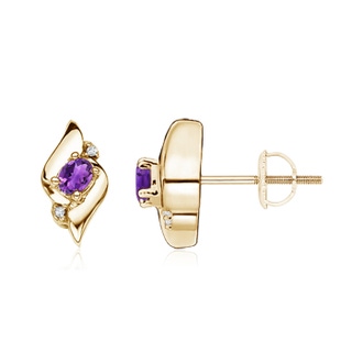 4x3mm AAA Oval Amethyst and Diamond Shell Stud Earrings in Yellow Gold