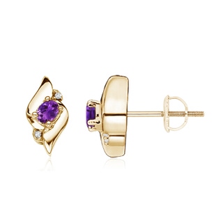 4x3mm AAAA Oval Amethyst and Diamond Shell Stud Earrings in Yellow Gold