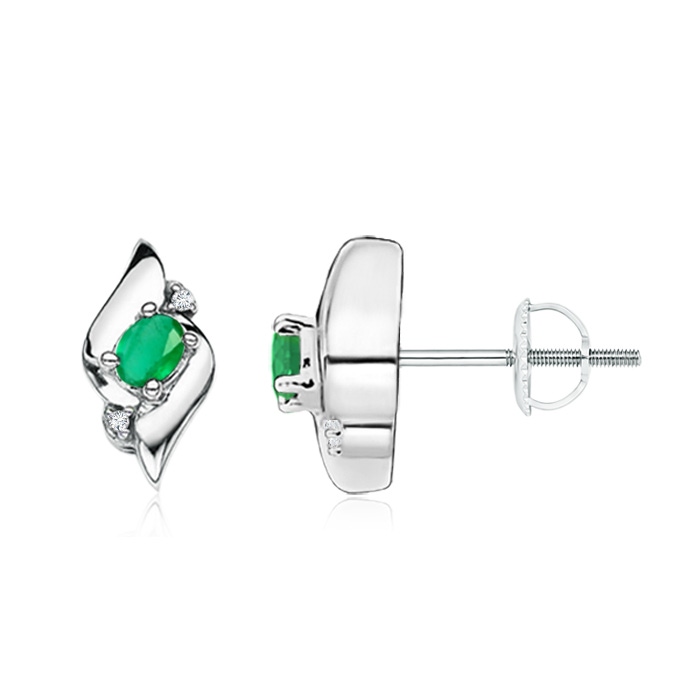 4x3mm A Oval Emerald and Diamond Shell Stud Earrings in White Gold 