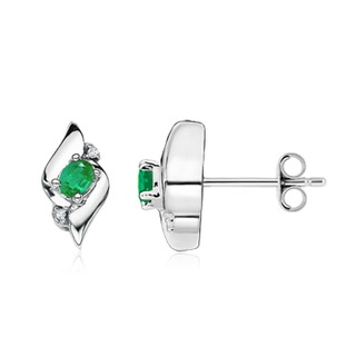 4x3mm AA Oval Emerald and Diamond Shell Stud Earrings in S999 Silver