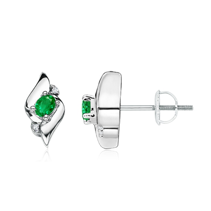 4x3mm AAA Oval Emerald and Diamond Shell Stud Earrings in White Gold