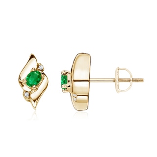 4x3mm AAA Oval Emerald and Diamond Shell Stud Earrings in Yellow Gold