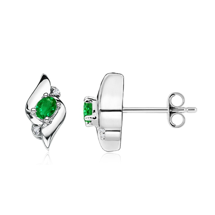 4x3mm AAAA Oval Emerald and Diamond Shell Stud Earrings in S999 Silver