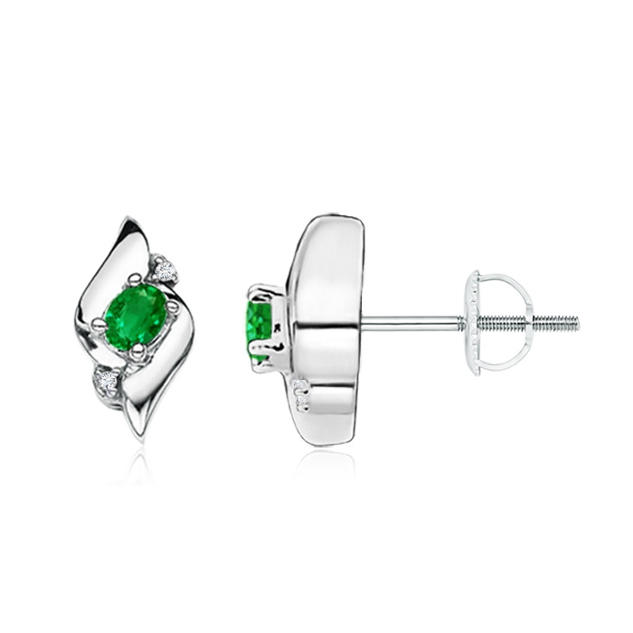 4x3mm AAAA Oval Emerald and Diamond Shell Stud Earrings in White Gold