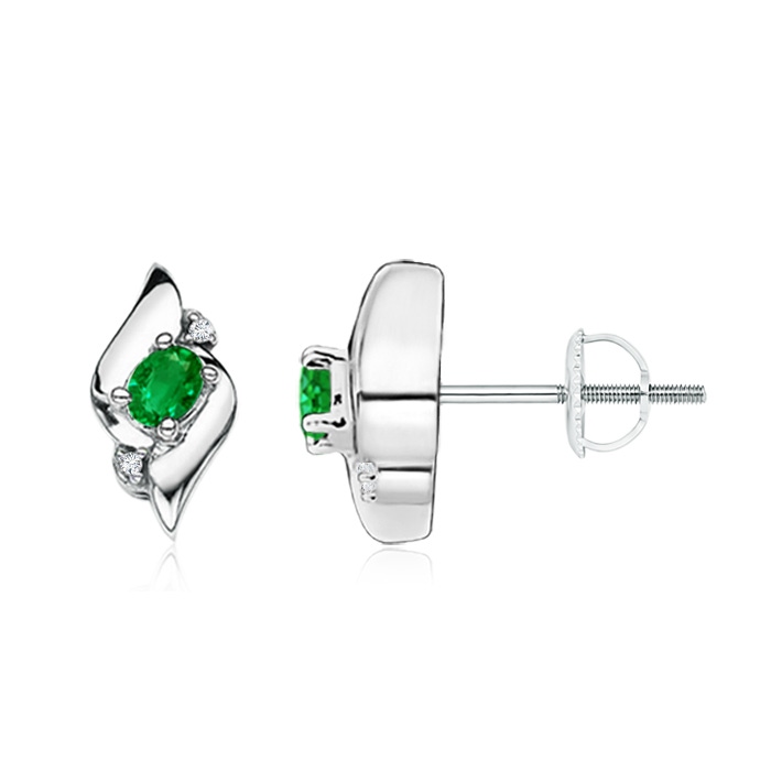 4x3mm AAAA Oval Emerald and Diamond Shell Stud Earrings in White Gold 