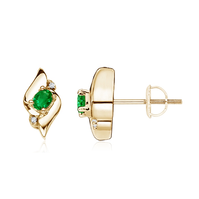 4x3mm AAAA Oval Emerald and Diamond Shell Stud Earrings in Yellow Gold