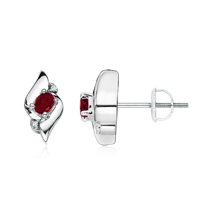 4x3mm AAA Oval Garnet and Diamond Shell Stud Earrings in White Gold 