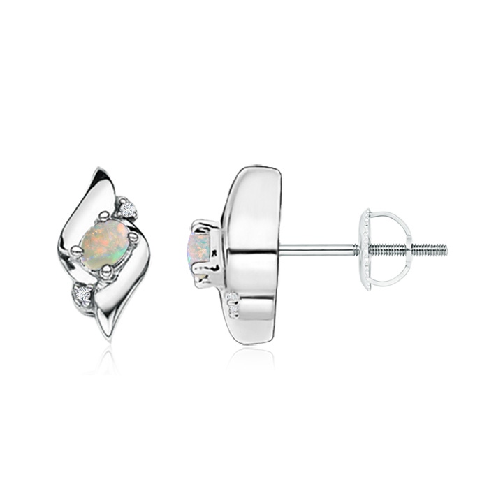 4x3mm AAAA Oval Opal and Diamond Shell Stud Earrings in P950 Platinum
