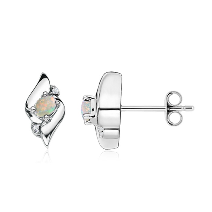 4x3mm AAAA Oval Opal and Diamond Shell Stud Earrings in S999 Silver