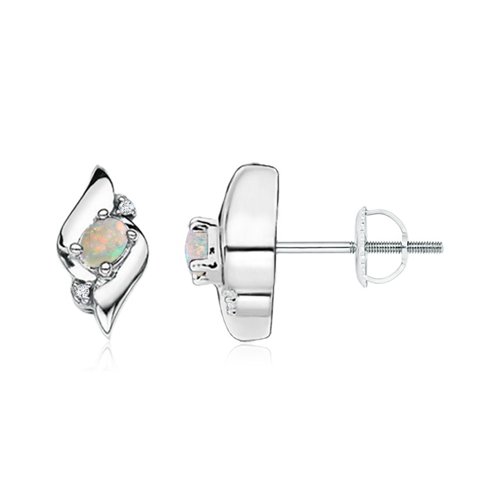 4x3mm AAAA Oval Opal and Diamond Shell Stud Earrings in White Gold