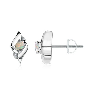 4x3mm AAAA Oval Opal and Diamond Shell Stud Earrings in White Gold