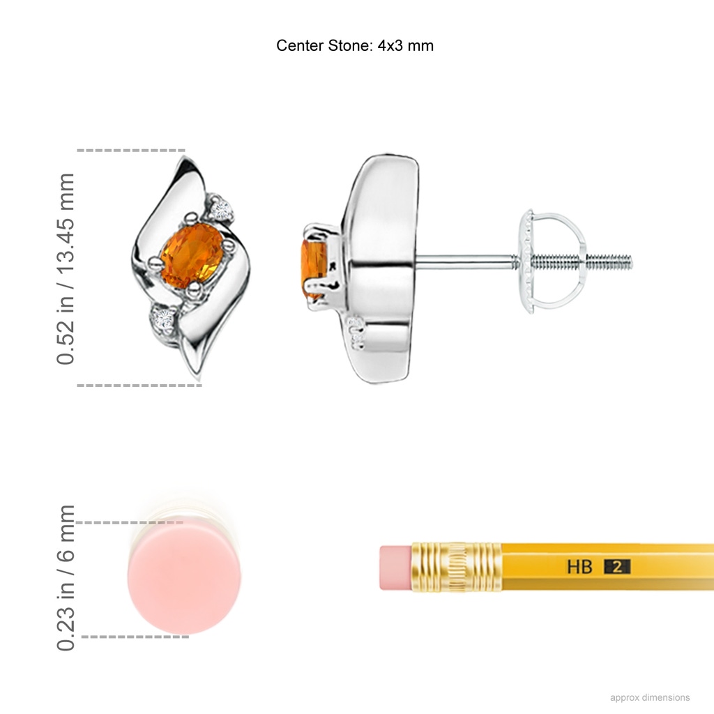 4x3mm AAA Oval Orange Sapphire and Diamond Shell Stud Earrings in White Gold Ruler