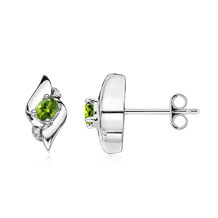 4x3mm AAAA Oval Peridot and Diamond Shell Stud Earrings in S999 Silver