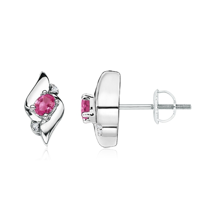 4x3mm AAAA Oval Pink Sapphire and Diamond Shell Stud Earrings in White Gold