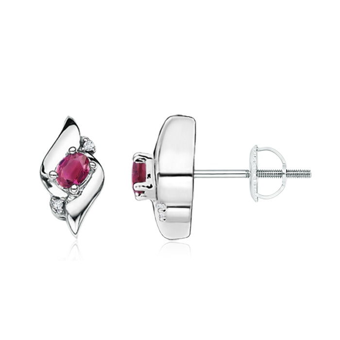 4x3mm AAAA Oval Pink Tourmaline and Diamond Shell Stud Earrings in White Gold 