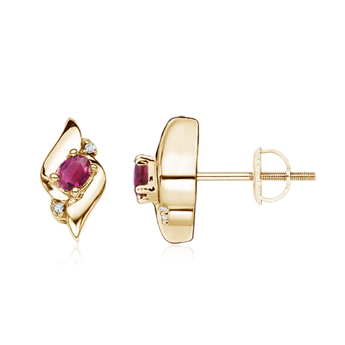 4x3mm AAAA Oval Pink Tourmaline and Diamond Shell Stud Earrings in Yellow Gold